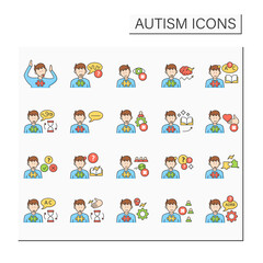 Autism spectrum disorder color icons set.Difficulties with social interaction, communication.Restricted, repetitive, atypical behavior.Neurodevelopmental disorder concept.Isolated vector illustrations