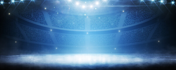 Sport background. Blue ice floor texture and mist. Snow and ice background. Empty ice rink illuminated by spotlights. Scene Illumination - obrazy, fototapety, plakaty