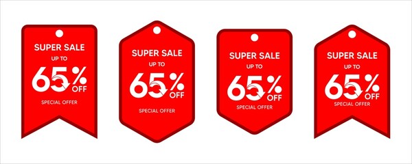 Discount up to 65 percent, promotion label on red color sticker isolated on white background, special offer sales promotion discount. vector template illustration