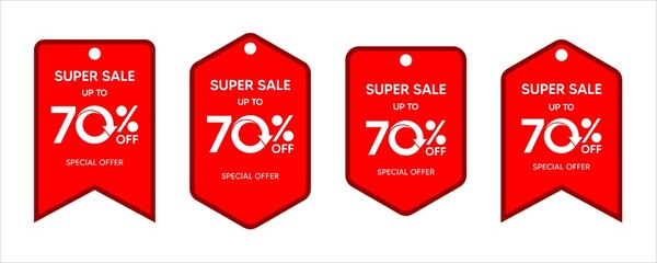 Discount up to 70 percent, promotion label on red color sticker isolated on white background, special offer sales promotion discount. vector template illustration