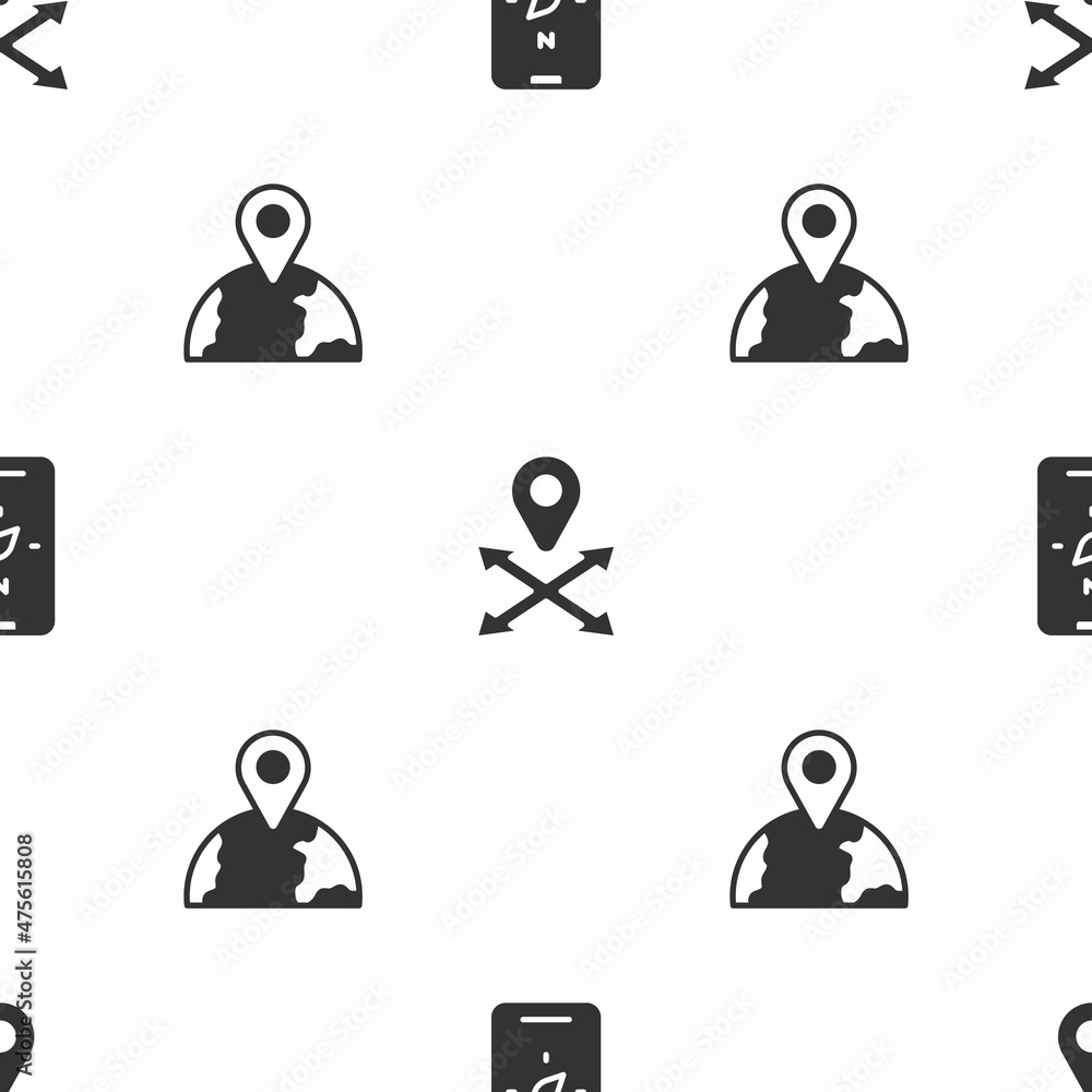 Poster set compass on mobile, location and the globe on seamless pattern. vector