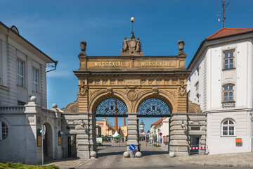 Fototapeta na wymiar Plzen, Czech Republic, June 2019 - view of Pilsner Urquell Brewery's famous main gate