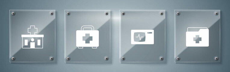 Set Patient record, Monitor with cardiogram, First aid kit and Hospital building. Square glass panels. Vector