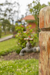 details of metal water taps, in a garden with nature outside, domestic object