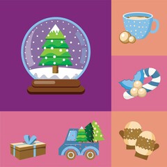 New Year's illustrations, postcards, patterns, New Year's set, elements. for new year and Christmas. A car with Christmas trees, a New Year's cat, a gnome, a can of snow, mittens, warm tea, a cup.