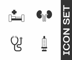 Set Syringe, Hospital bed, Stethoscope and Human kidneys icon. Vector