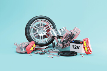 Group of Car Parts on studio background - 475616481