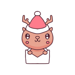 Kawaii reindeer in envelope cartoon. Christmas illustration. Vector graphics for t-shirt prints and other uses.
