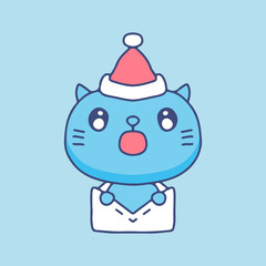Cute cat wear Santa hat with envelope for Christmas illustration. Vector graphics for t-shirt prints and other uses.