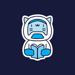 Cute cat in astronaut suit reading a book cartoon doodle. illustration for t shirt, poster, logo, sticker, or apparel merchandise.