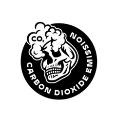 CARBON DIOXIDE EMISSION caution badge warning sign Skull icon Climate change Air pollution Global warming Greenhouse effect Deadly toxic gas Ozone hole concept EEnvironmental issue