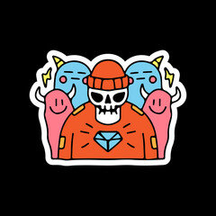 Skull in beanie hat with funny monsters. illustration for t shirt, poster, logo, sticker, or apparel merchandise.