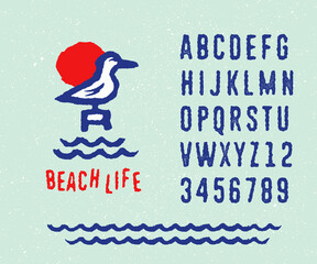 BEACH LIFE vintage alphabet Textured aged roughen distressed rugged effect Original typeface Unique font Hand lettering Custom typography Retro look and feel