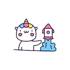 Cute unicorn with launching rocket. illustration for t shirt, poster, logo, sticker, or apparel merchandise.