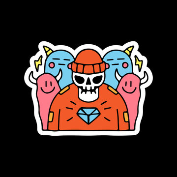 Skull in beanie hat with funny monsters. illustration for t shirt, poster, logo, sticker, or apparel merchandise.