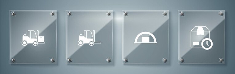 Set Cardboard box with clock, Warehouse, Forklift truck and . Square glass panels. Vector