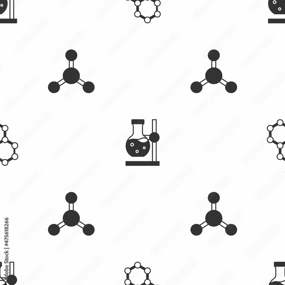 Poster set molecule, test tube flask on stand and on seamless pattern. vector