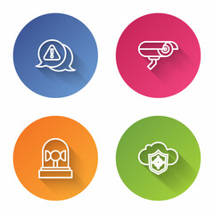 Set line Exclamation mark in triangle, Security camera, Flasher siren and Cloud and shield. Color circle button. Vector