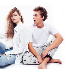 young attractive couple together having fun happy smiling isolated on white background, emotional posing, lifestyle people concept