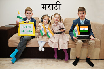 Four kids show inscription learn marathi. Foreign language learning concept. Indian flags.