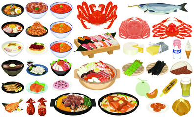 北海道の人気グルメ・名産のアイコン①（ジンギスカン、お寿司、ラーメン、かに、いくら、うに） © TOMOKI