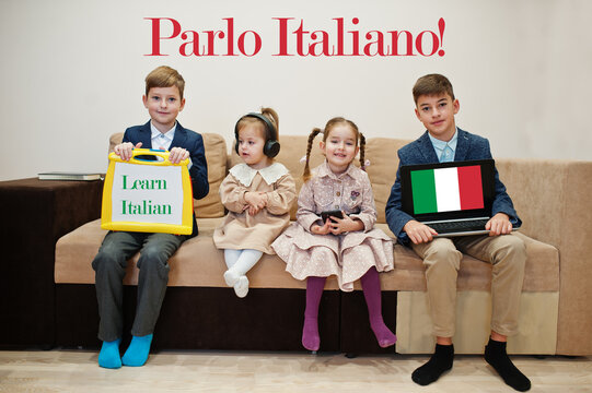 Four kids show inscription learn italian. Foreign language learning concept. Parlo Italiano!