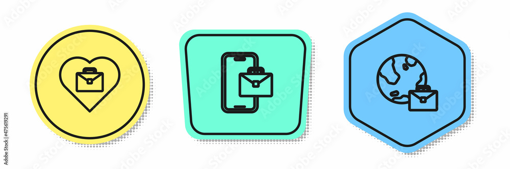 Poster set line heart with text work, freelancer and online working. colored shapes. vector