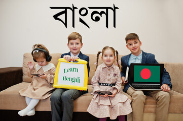 Four kids show inscription learn bengali. Foreign language learning concept.