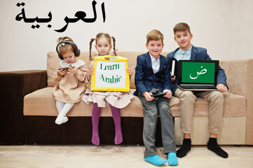 Four kids show inscription learn arabic. Foreign language learning concept.