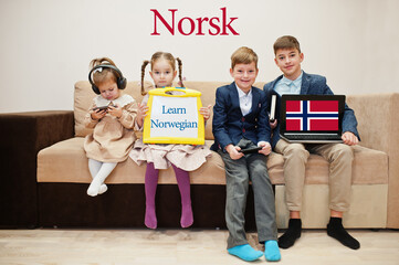 Four kids show inscription learn norwegian. Foreign language learning concept. Norsk.