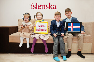 Four kids show inscription learn icelandic. Foreign language learning concept. Islenska.