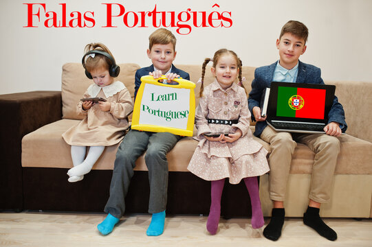 Four kids show inscription learn portuguese. Foreign language learning concept. Falas portugues.