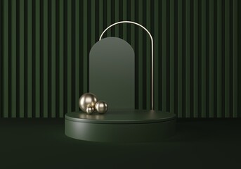 Dark green podium, pedestal or platform with gold elements. Advertising place scene. 3d Rendering