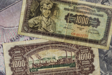 Top view of two 1000 Yugoslav dinars - obrazy, fototapety, plakaty