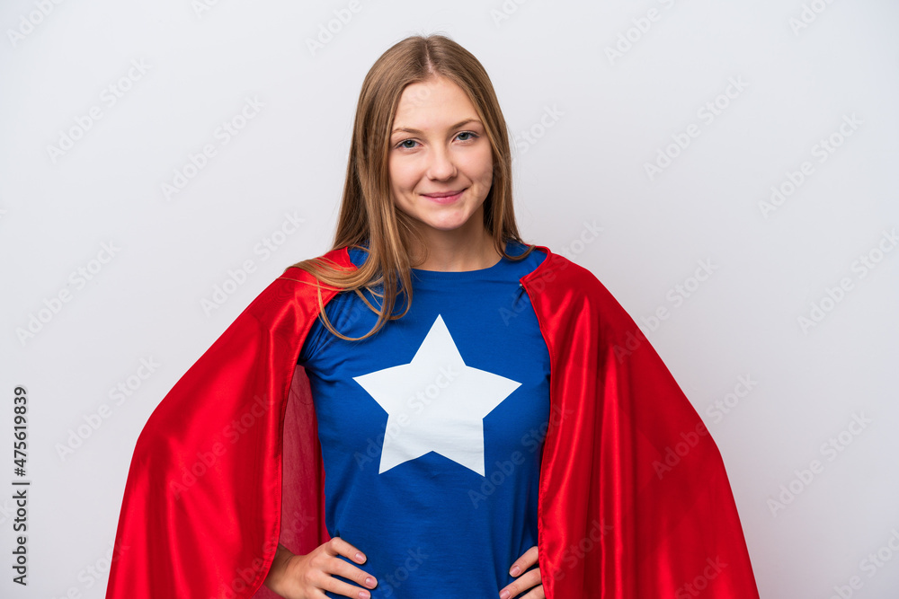 Wall mural Super Hero Russian woman isolated on white background posing with arms at hip and smiling