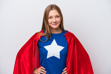 Super Hero Russian woman isolated on white background posing with arms at hip and smiling