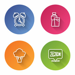 Set line Alarm clock, Bottle of water with glass, Broccoli and Sleepy. Color circle button. Vector