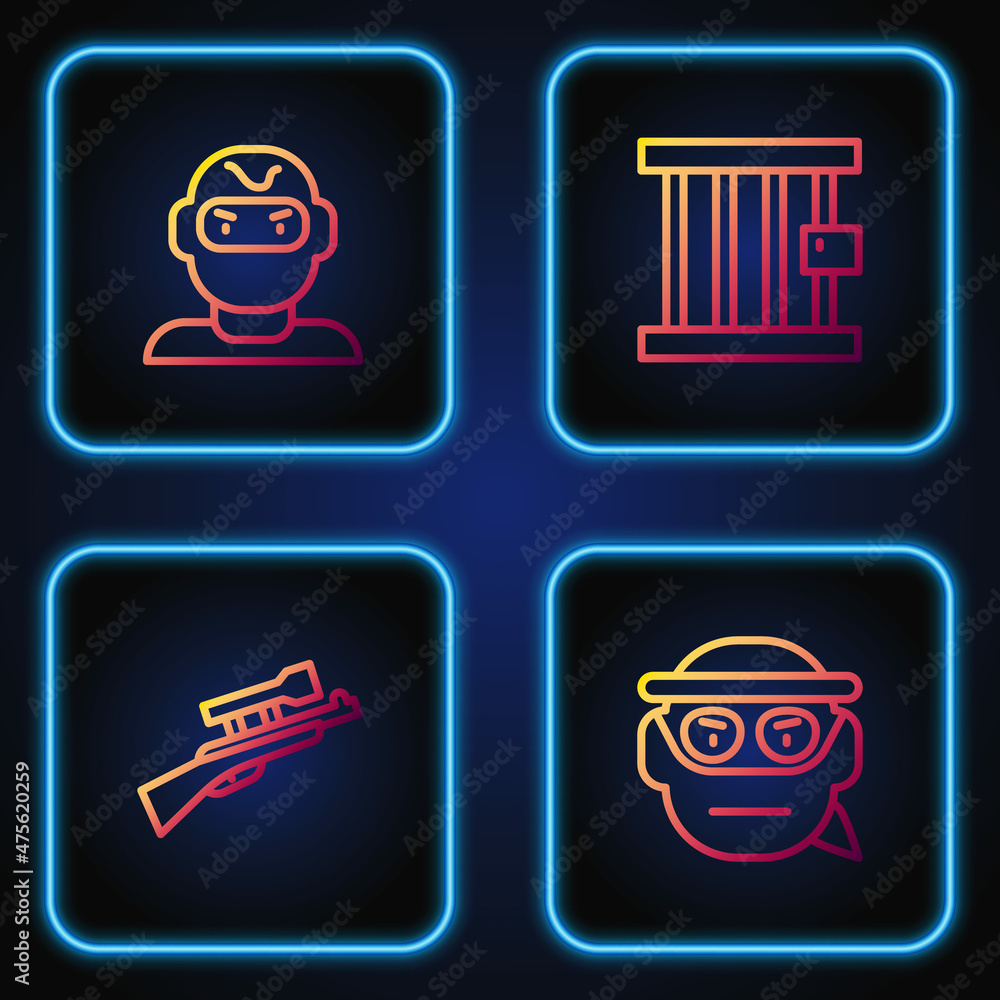 Poster set line bandit, sniper rifle with scope, thief mask and prison window. gradient color icons. vector