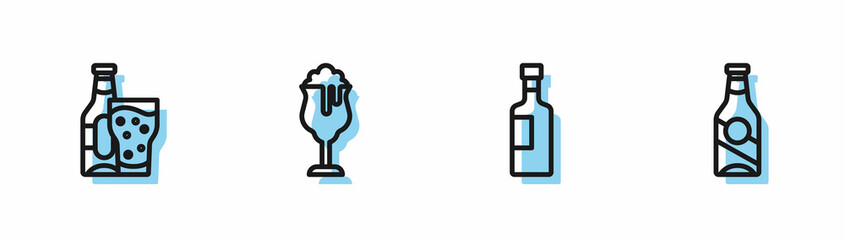 Set line Wine bottle, Beer and glass, Glass of beer and icon. Vector