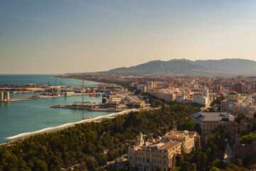 Aerial view of Malaga City under the sunset on the coast