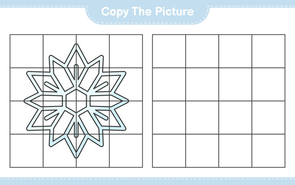Copy the picture, copy the picture of Snowflake using grid lines. Educational children game, printable worksheet, vector illustration