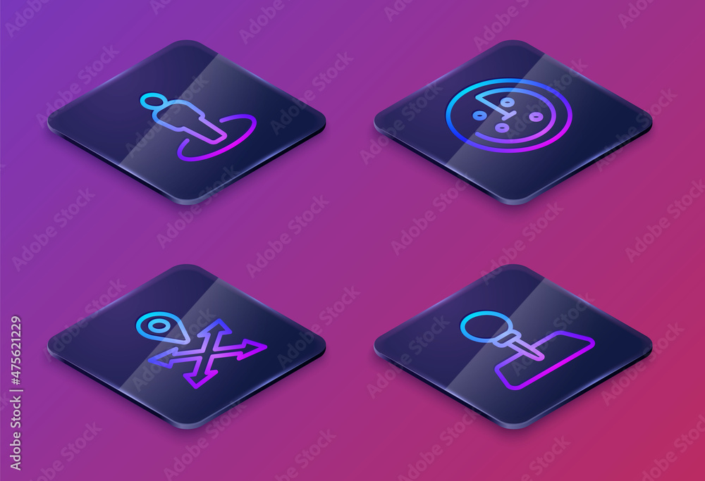 Poster set isometric line location with person, , radar targets monitor and push pin. blue square button. v