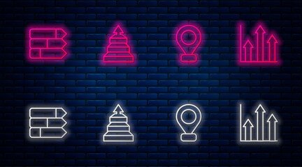 Set line Pyramid chart infographics, Location, Pie and . Glowing neon icon on brick wall. Vector