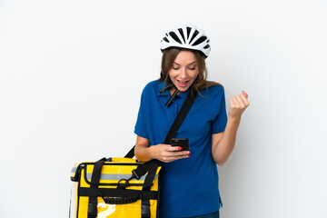 Lithuanian woman with thermal backpack surprised and sending a message