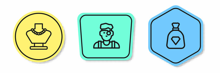 Set line Necklace on mannequin, Jeweler and Bag with gems. Colored shapes. Vector