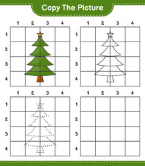 Copy the picture, copy the picture of Christmas Tree using grid lines. Educational children game, printable worksheet, vector illustration