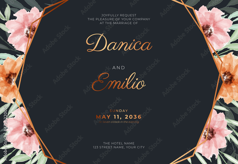 Wall mural luxury black and gold wedding sign banner with beautiful floral watercolor