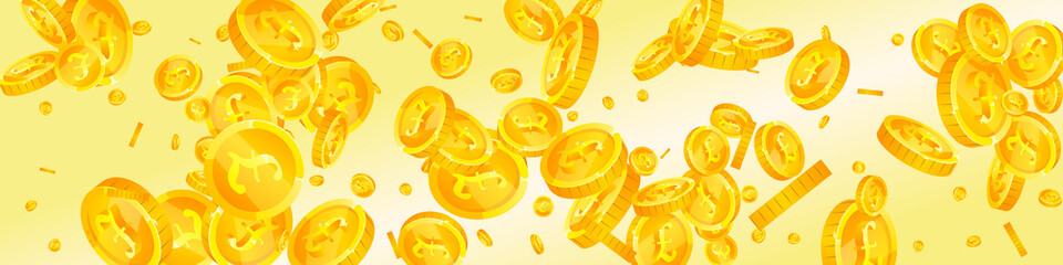 British pound coins falling. Bold scattered GBP coins. United Kingdom money. Fresh jackpot, wealth or success concept. Vector illustration.