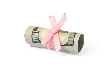 Dollar bills tied by pink ribbon isolated on white background. Money gift concept
