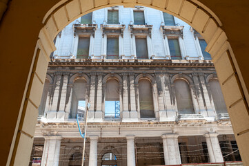 Facade of an old building in the process of remodeling in Old Havana. Cuba